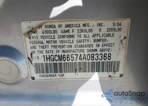 2004 Honda Accord 3.0 Ex from USA, damaged, VIN 1HGCM66574A083368